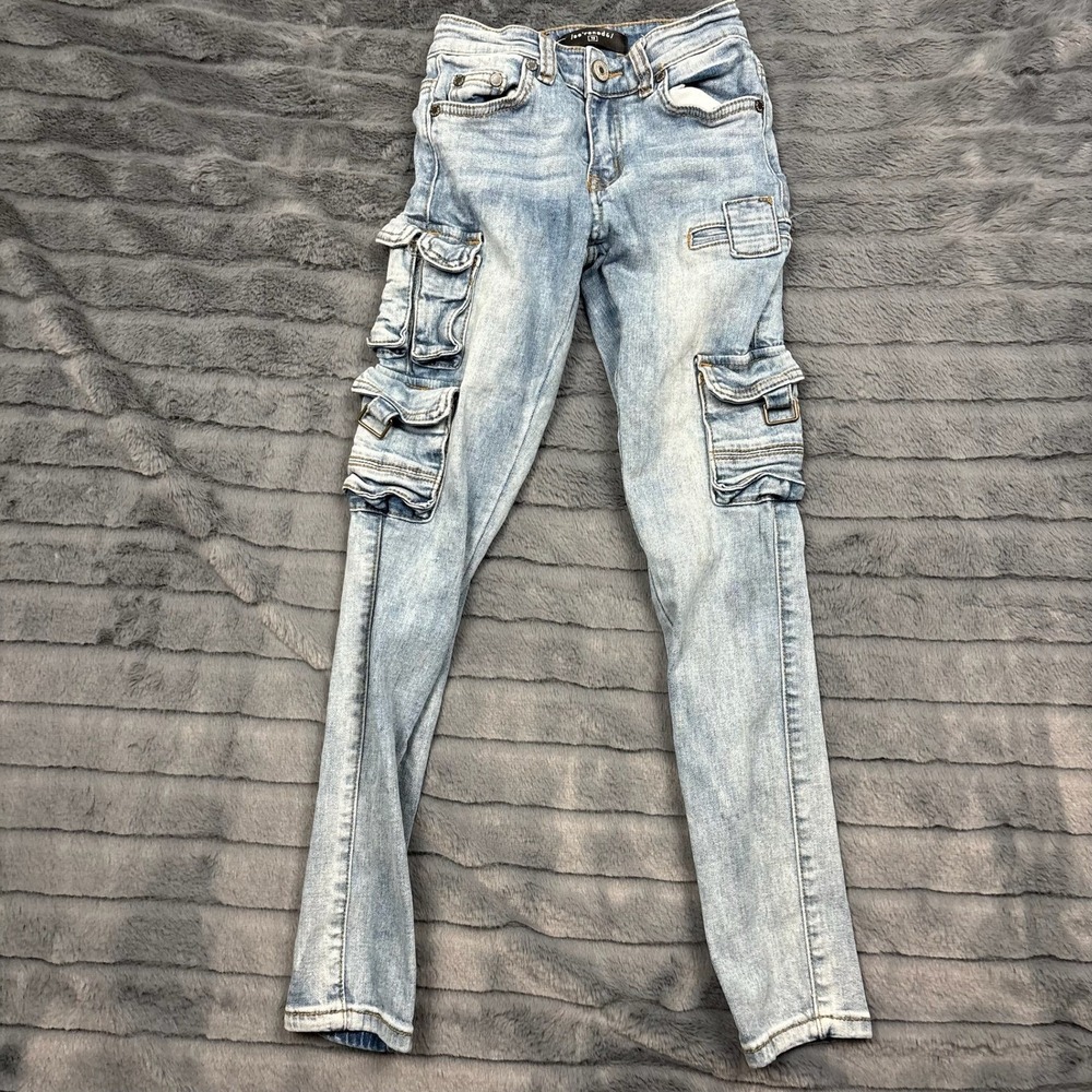 Serenede Boys Light Wash Blue Denim Cargo Jeans Slim Fit Utility Pants Size 10